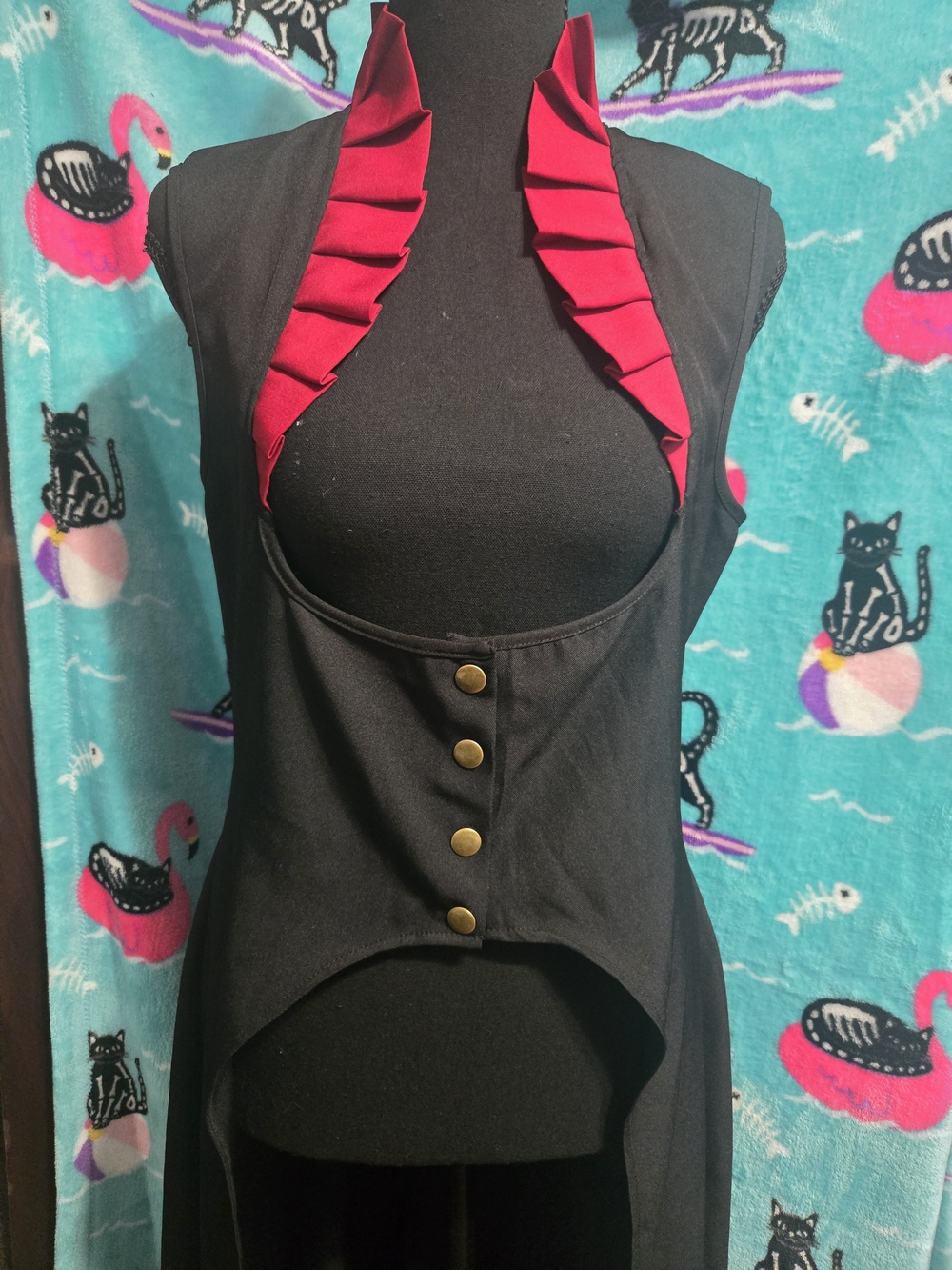 SHEIN Black Long Open Vest with Red Ruffle Trim, Size Medium